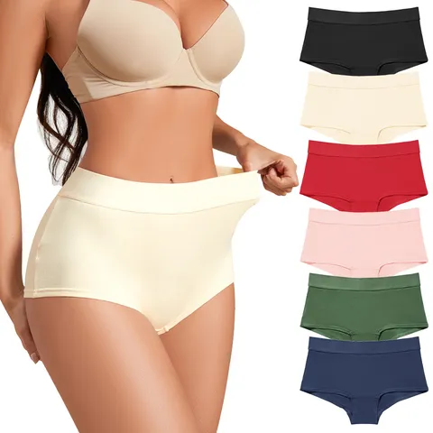 Women's Seamless Cotton Boxer Briefs Mid Waist Breathable Solid Color Comfort Panties Soft Stretch Daily Underwear