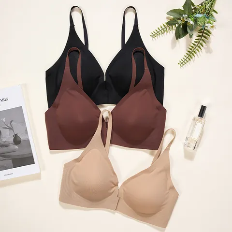 Women's Front Closure Wireless Bra Comfortable Breathable Thin Molded Cup Solid Color Seamless Everyday Underwear Lingerie