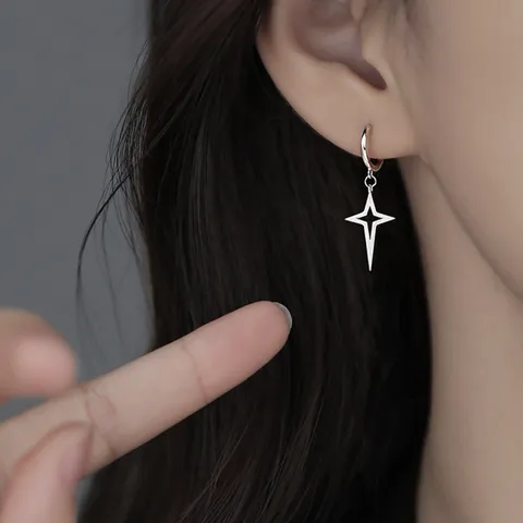 Boucles d'Oreilles Créoles Étoile à Quatre Branches Avec Tige en Argent Sterling 925 Boucles d'Oreilles Étoile Luxe Léger Femme