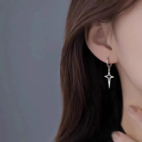 Boucles d'Oreilles Créoles Étoile à Quatre Branches Avec Tige en Argent Sterling 925 Boucles d'Oreilles Étoile Luxe Léger Femme