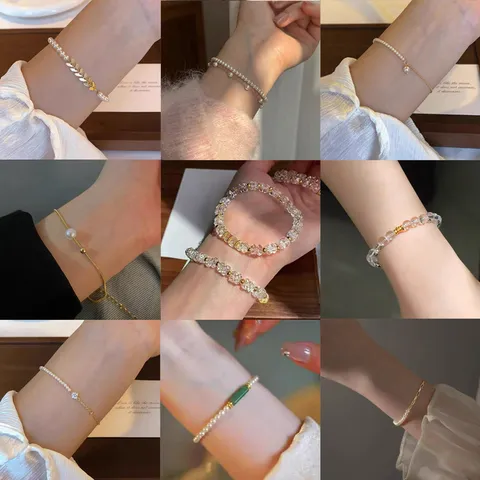 Bracelet Élégant en Perles Artificielles et Cristal pour Femmes Mode Chaîne Épissure Bijoux de Main Cadeau de Fête Mariage