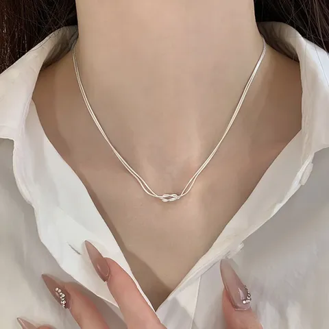 Collier Double Rang Maille Serpent En Alliage Pour Femme Pendentif Nœud Géométrique Élégant Bijoux Style Minimaliste