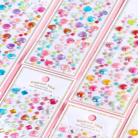 Kids DIY Craft Rhinestone Stickers Acrylic Crystal Glitter Heart Star Geometric Self Adhesive Gem Stickers Sheet For Scrapbooking Journaling Handcraft Decoration