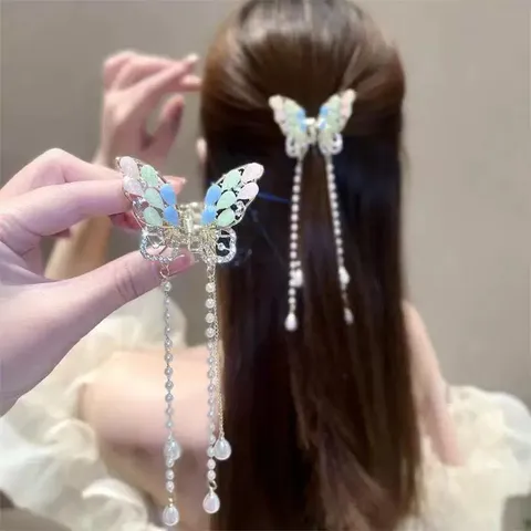 Pince à Cheveux Papillon Élégante avec Gland Strass Alliage Épingle à Cheveux Avec Gland de Perles Artificielles pour Femmes