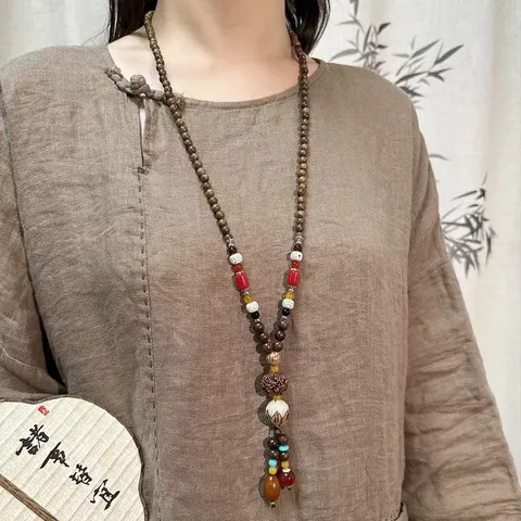 Etnische Stijl Houten Kralen Ketting Lange Trui Ketting Met Lotus Hanger Vintage Handgemaakte Boho Sieraden Voor Dames Heren Accessoire