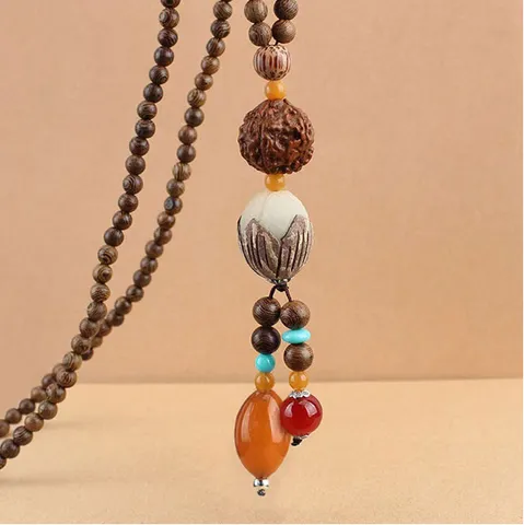 Etnische Stijl Houten Kralen Ketting Lange Trui Ketting Met Lotus Hanger Vintage Handgemaakte Boho Sieraden Voor Dames Heren Accessoire