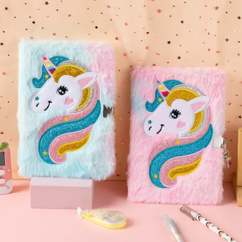 Cute Unicorn Plush Notebook Fluffy Diary Writing Pad With Metal Lock For Kids School Students Gift