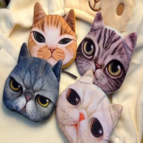 Cute 3D Realistic Cat Face Coin Purse Animal Plush Zipper Wallet Mini Change Pouch Portable Cosmetic Bag