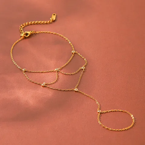 Stainless Steel Zircon Connected Finger Chain Bracelet Fashion OL Style Rhinestone Hand Chain Jewelry For Women
