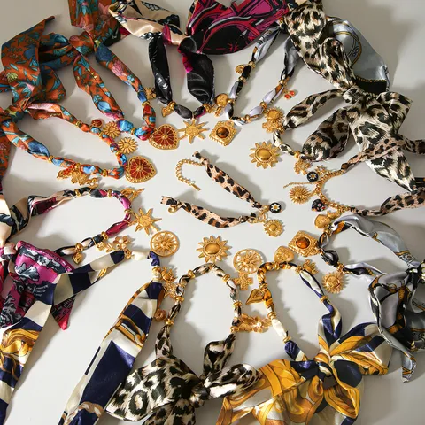 Stainless Steel Leopard Print Silk Ribbon Necklace Bracelet Set Gold Metal Sun Heart Charms Fashion Jewelry Gift