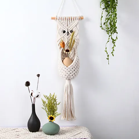 Tapiz de Búho Tejido de Algodón Hecho a Mano Bohemio Palo de Madera Decoración Creativa para Sala de Estar Dormitorio Hogar