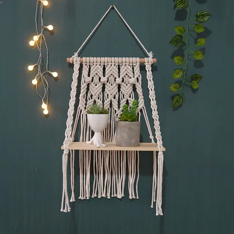 Tapiz Tejido Bohemio Colgante de Pared Con Estante de Madera Macramé de Algodón Hecho a Mano Decoración de Pared para Sala Dormitorio