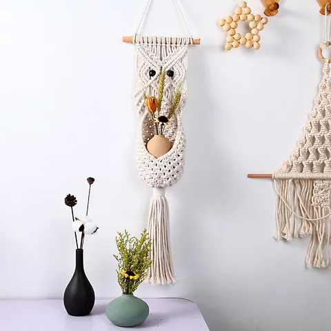 Tapiz de Búho Tejido de Algodón Hecho a Mano Bohemio Palo de Madera Decoración Creativa para Sala de Estar Dormitorio Hogar