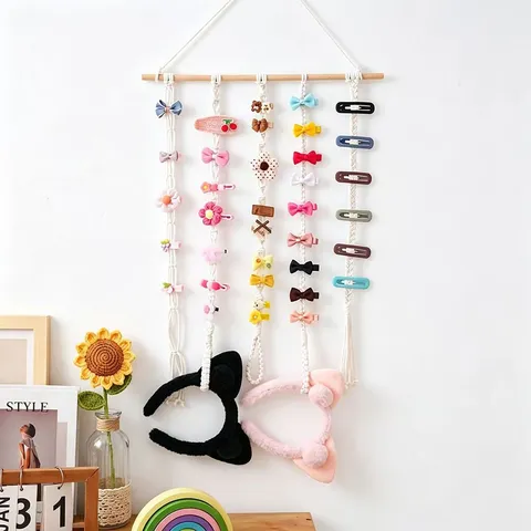 Soportes para Pinzas de Cabello de Algodón Tejido Tapiz Colgante de Pared Organizador para Decoración de Habitación de Niñas
