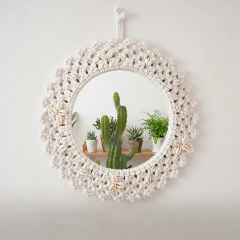 Espejo Colgante de Pared Tejido Boho Tapiz de Cuerda de Algodón con Cuentas de Madera Conchas Decoración Estética Nórdica para Sala de Estar Dormitorio