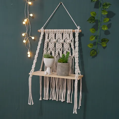 Tapiz Tejido Bohemio Colgante de Pared Con Estante de Madera Macramé de Algodón Hecho a Mano Decoración de Pared para Sala Dormitorio