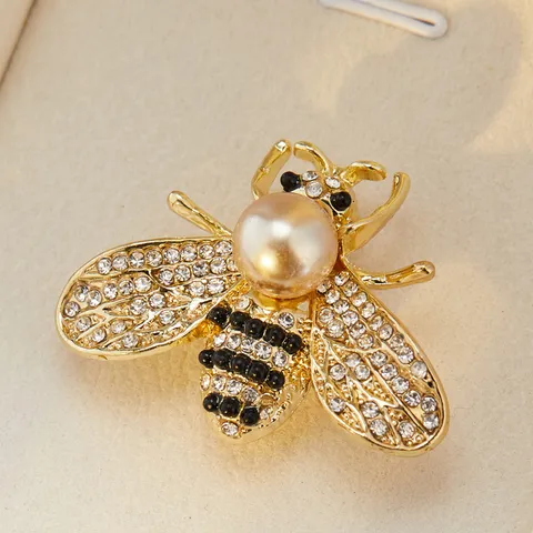 Vintage Bee Brooch Alloy Rhinestone Artificial Pearl Insect Pin Unisex Suit Accessory Jewelry Gift