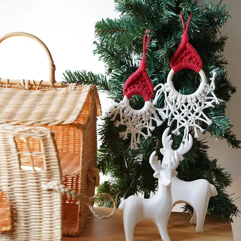 Noords Kerstboom Hanger Handgemaakt Geweven Katoenen Touw Houten Ring Kerstmuts Wandhanger Huisdecoratie