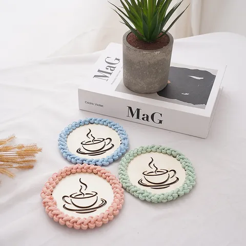Posavasos de Alfombrilla de Aislamiento Térmico Tejido a Mano de Cuerda de Algodón con Patrón de Café de Madera Estilo Ins Decoración de Mesa de Cocina