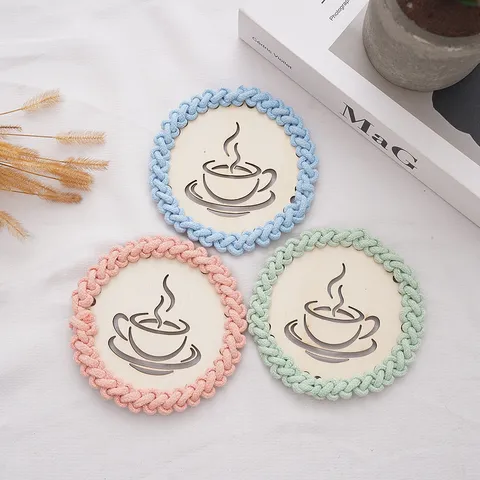 Posavasos de Alfombrilla de Aislamiento Térmico Tejido a Mano de Cuerda de Algodón con Patrón de Café de Madera Estilo Ins Decoración de Mesa de Cocina