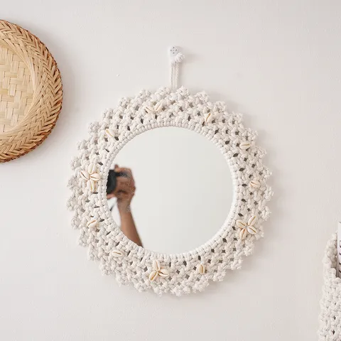 Espejo Colgante de Pared Tejido Boho Tapiz de Cuerda de Algodón con Cuentas de Madera Conchas Decoración Estética Nórdica para Sala de Estar Dormitorio