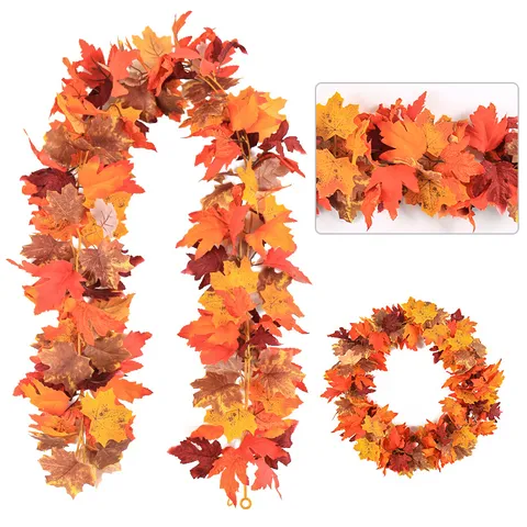 Artificial Maple Leaf Vine Fall Garland Hanging Autumn Foliage For Halloween Thanksgiving Christmas Home Garden Wall Decor