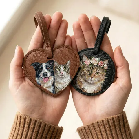 Hand Painted Pet PU Leather Bag Charm Cute Dog Cat Wallet Hanging Luggage Tag Decorative Pendant Memorial Gift For Pet Lovers