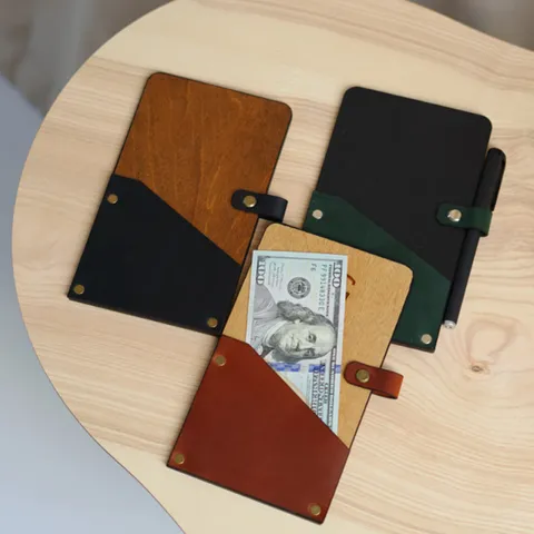 Retro Wood PU Leather Bill Folder For Restaurant Waiter Guest Check Presenter With Metal Clip Pen Slot Menu Cover Holder