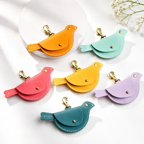Mini Bird Shape Leather Coin Purse Keychain Peace Dove Bag Charm Animal Pattern Key Ring Accessory Mini Wallet