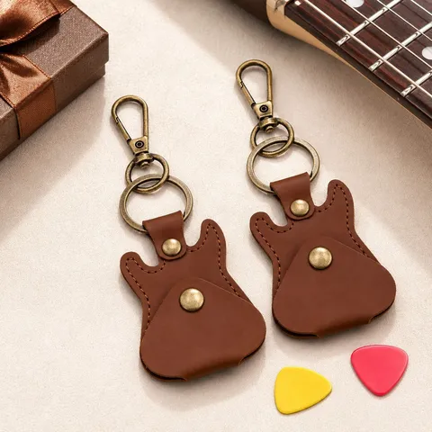 Vintage PU Leather Guitar Pick Holder Keychain Portable Folk Bass Plectrum Case Bag Key Ring Musical Instrument Accessory Gift