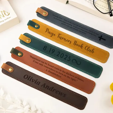 Premium Stitched Artificial Leather Bookmark With Snap Button Laser Engraved Pattern Page Marker For Reader Office School
