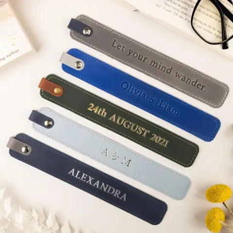 Premium Stitched Artificial Leather Bookmark With Snap Button Laser Engraved Pattern Page Marker For Reader Office School