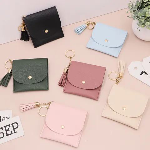 Mini Quaste Münzbörse Damen PU Leder Kleiner Kartenhalter Schlüsselring Tragbare Kurze Brieftasche Multi Slot Beutel