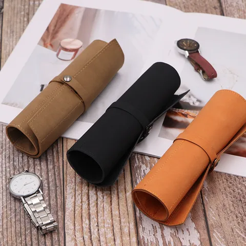 Vintage PU Leather Watch Roll Bag Portable Travel Watch Case Protector Organizer With Metal Snap Button Closure For Travel