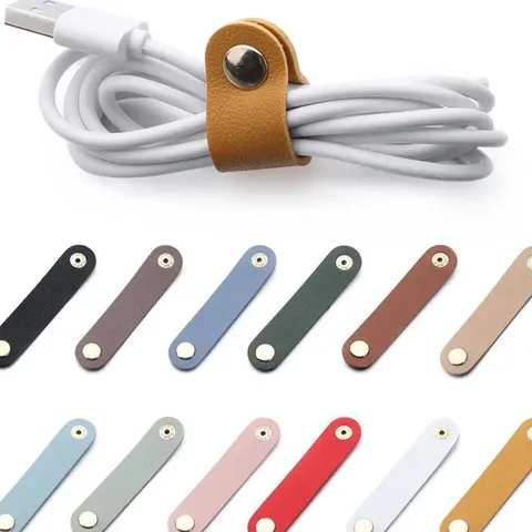 Minimalist PU Leather Cable Winder Earphone Cord Storage Strap Clip Organizer With Metal Snap Button For Data Cable Travel Desktop Management