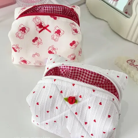 Korean Style Quilted Cotton Makeup Bag Travel Heart Bear Pattern Cosmetic Organizer Large Capacity Toiletry Pouch Zipper Storage Bag For Women