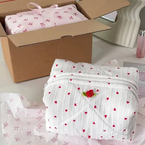 Korean Style Quilted Cotton Makeup Bag Travel Heart Bear Pattern Cosmetic Organizer Large Capacity Toiletry Pouch Zipper Storage Bag For Women