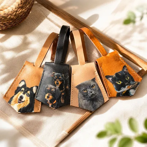 Personalized Leather Dog Cat Painted Luggage Tag Hand Painted Animal Bag Charm Cute Key Ring Pendant Car Hanging Accessory