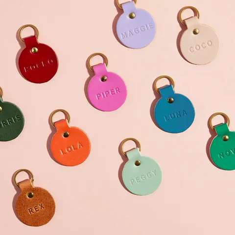 Placa de Identificación de Cuero PU Redonda Con Anillo de Metal Para Perros Gatos Placa de Nombre Circular Accesorio Mascota