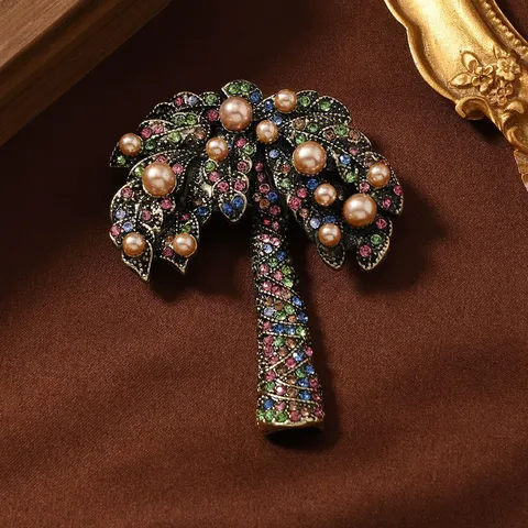 Broche Cocotier en Perle Artificielle Champagne Vintage Haut de Gamme en Alliage de Zinc Strass Plante Tropicale Broche pour Manteau