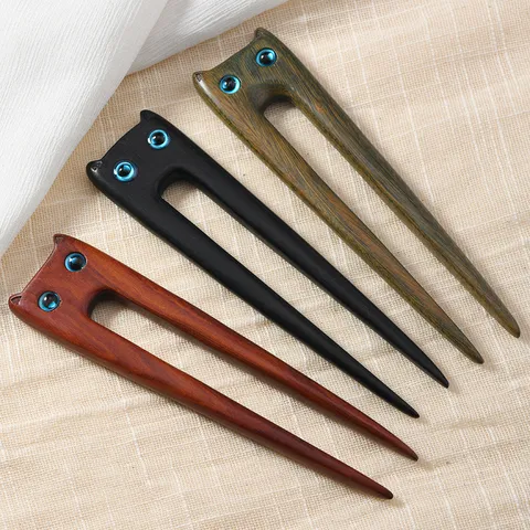 Bastone per Capelli in Legno di Sandalo Gatto Vintage Stile Neo Cinese Orecchie Doppie Forcina Antico Hanfu Copricapo Decorativo da Donna