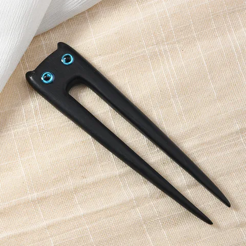 Bastone per Capelli in Legno di Sandalo Gatto Vintage Stile Neo Cinese Orecchie Doppie Forcina Antico Hanfu Copricapo Decorativo da Donna