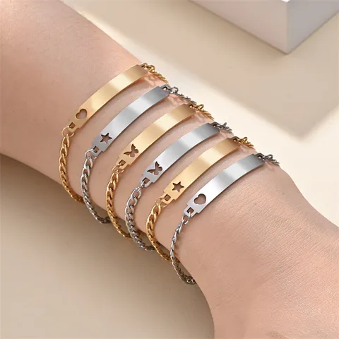 Minimalistisches Edelstahl Armband Mit Gebogener Platte Für Damen Herren Gold Silber Vergoldet Herz Stern Schmetterling Schmuck
