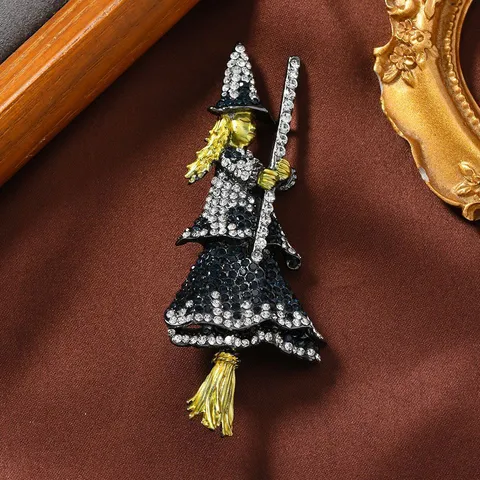 Vintage Zinc Alloy Black Rhinestone Witch Riding Broom Brooch Halloween Party Costume Accessory Corsage Badge Pins Jewelry Gift
