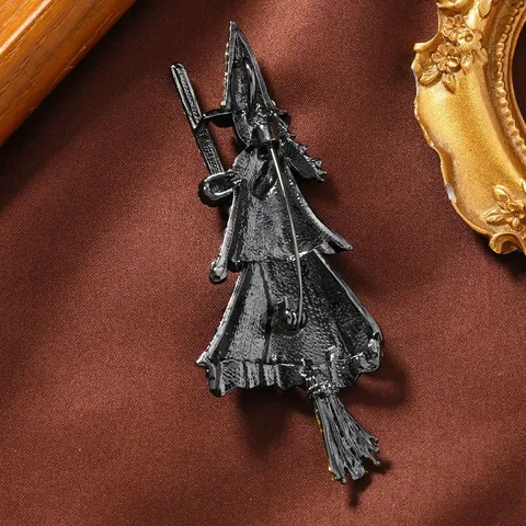 Vintage Zinc Alloy Black Rhinestone Witch Riding Broom Brooch Halloween Party Costume Accessory Corsage Badge Pins Jewelry Gift