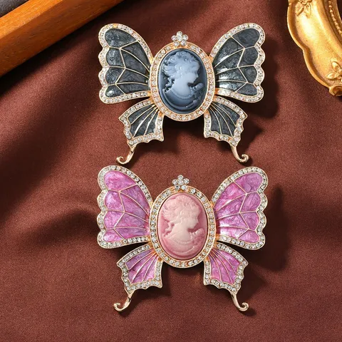 Vintage Victorianischer Stil Cameo Schönheit Porträt Brosche Doppelzweck Zinklegierung Strass Schmetterling Emaille Corsage Abzeichen