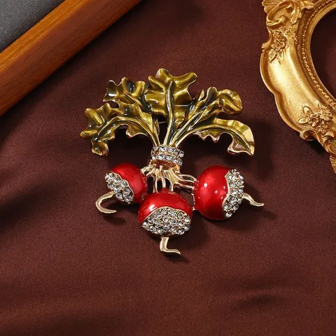 Vintage Enamel Fruit Persimmon Radish Brooch Pendant For Women Men Zinc Alloy Rhinestone Vegetable Corsage Pin Coat Jewelry