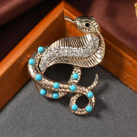 Retro Cobra Snake Brooch Pin Vintage Imitation Turquoise Rhinestone Inlaid Zinc Alloy Animal Brooches Jewelry For Women Men
