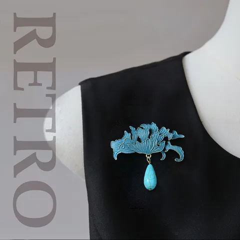 Vintage Chinese Style Zinc Alloy Brooch Pin Imitation Cloisonne Enamel Flower Wave Pattern Artificial Turquoise Drop Elegant Cheongsam Hanfu Accessory For Women