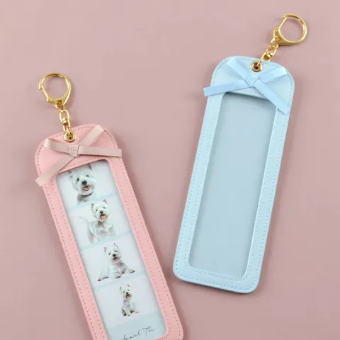 PU Leather Photo Keychain Long 4-Grid DIY Pet Pictures Holder Card Folder With Bow Knot Charm Modern Key Ring For Women Lovers
